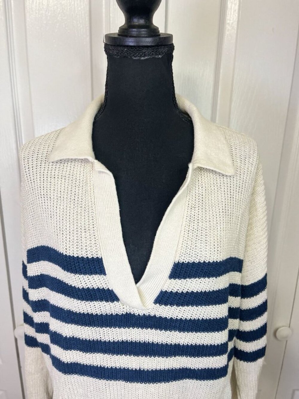 Faherty Mirimar Linen Polo in Ocean Ties Striped Sweater Sz M Navy Cream Collar - Picture 7 of 13